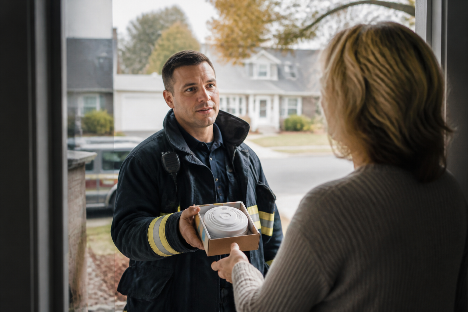 A uniformed firefighter standing on a domestic doorstep handing a boxed sealed smoke alarm to a resident during a free home safety visit