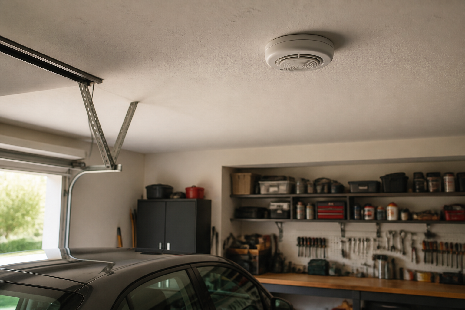 Round heat alarm fixed to the ceiling of an attached domestic garage above a workbench, with a parked car below and the garage door track to one side